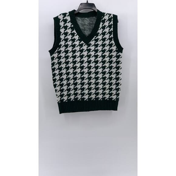 SHEIN Women's Dark Green-White Houndstooth V-Neck Knit Sweater Vest SZ M - Picture 1 of 10
